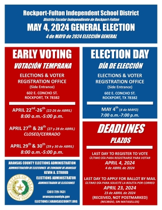 Updated - Flyer -Early Voting Schedule, Election Day Vote Centers, and Deadlines - May 4, 2024 General Election(Election/horario de votación anticipada, centros de votación el día de las elecciones y fechas límite - 4 DE MAYO DE 2024 ELECCION GENERAL